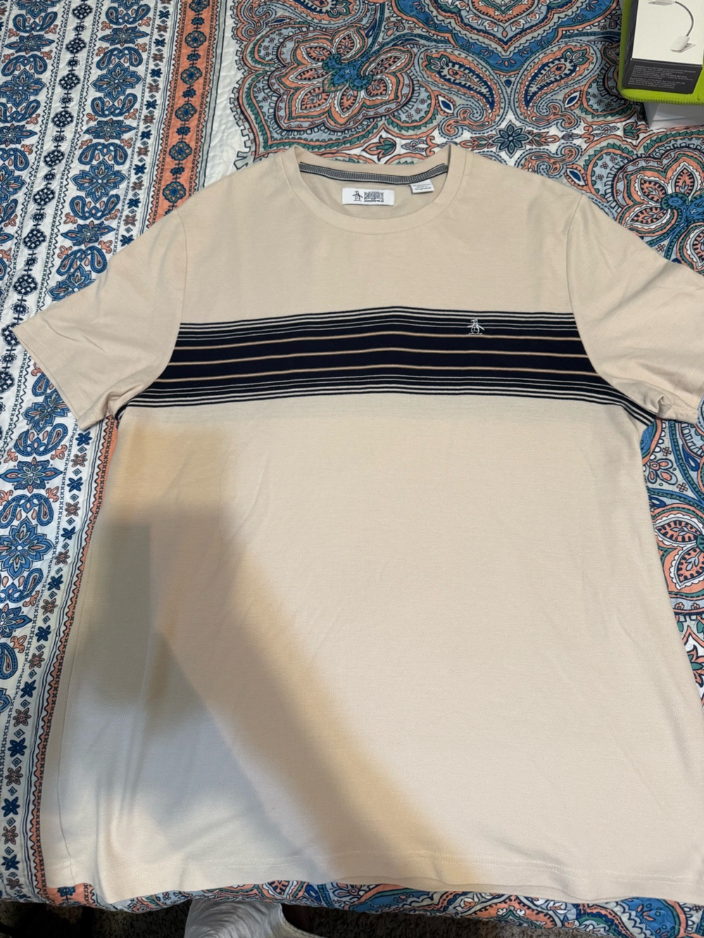 Original Penguin Beige Short Sleeve Tee with Navy Stripe